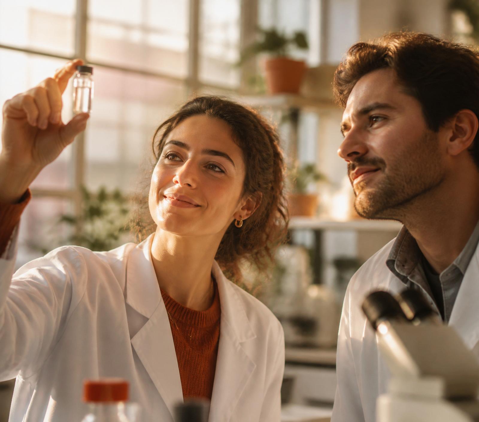 Two Esvy scientists examining a formulation vial in warm sunlight